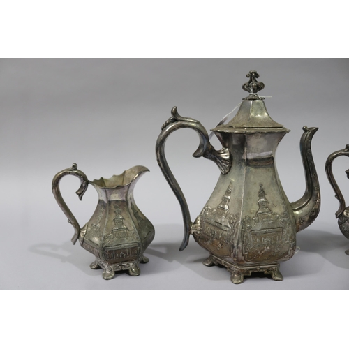 43 - Asian Export silver plate teapot sugar and creamer, unmarked, approx 26cm H and shorter (3)