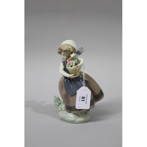 61 - Lladro girl with potted flowers, approx 17cm H