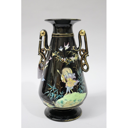 63 - Antique Secessionist design Jackfield ware vase with Oriental figures, bats, lizards, owl etc, appro... 