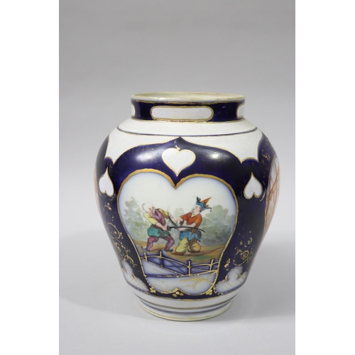 79 - Large antique European porcelain jar with Oriental figures,  fighting scenes, approx 24cm H