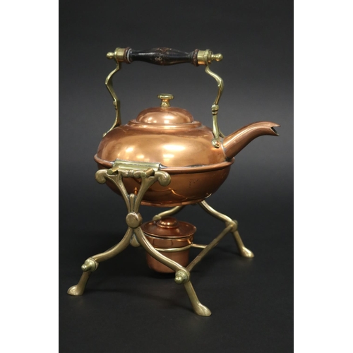 156 - Copper & brass spirit kettle with burner, approx 27cm H