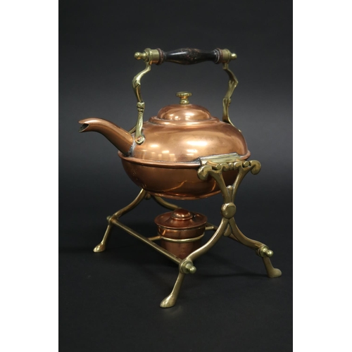 156 - Copper & brass spirit kettle with burner, approx 27cm H