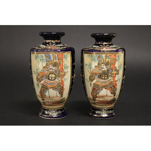 163 - Pair of Japanese Satsuma vases, decorated with samurai, approx 16cm H (2)