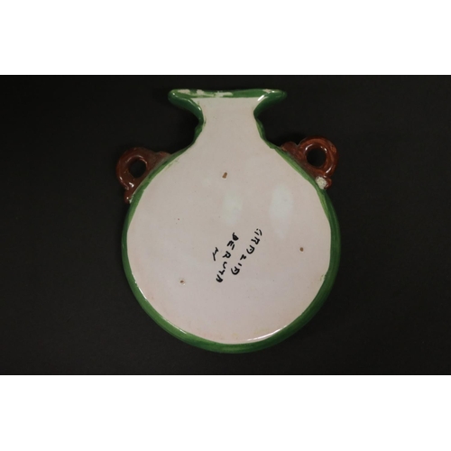 164 - Italian Maiolica vase form plaque, Pax Et Donum with lamb, signed verso, approx 11cm H x 9cm W