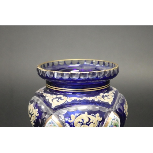 166 - Antique blue overlay vase, decorated with floral spray panels & etched work, approx 15.5cm H