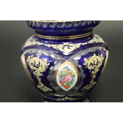 166 - Antique blue overlay vase, decorated with floral spray panels & etched work, approx 15.5cm H