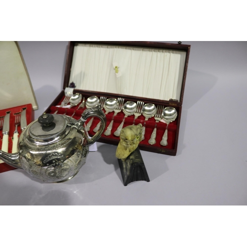 165 - Silver plate teapot with Inscription, cased cutlery and  an alabaster owl on book, approx 15cm H x 2... 