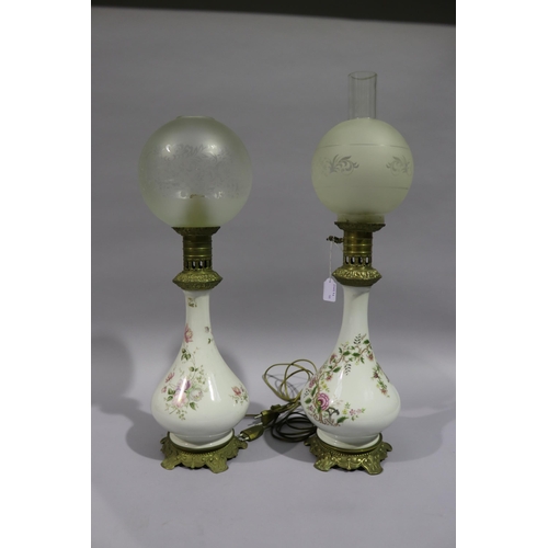 180 - Pair of French oil lamps, converted to electric lights, approx 49cm H each (excluding shades)