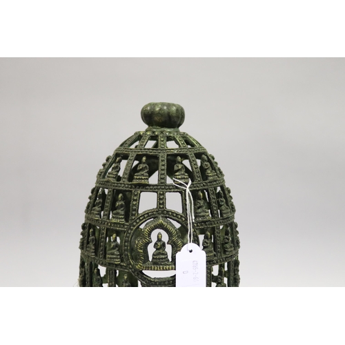 187 - Old bronze two piece Buddhist Shrine/light. of cage form, approx 36cm H x 26cm W x 16cm D