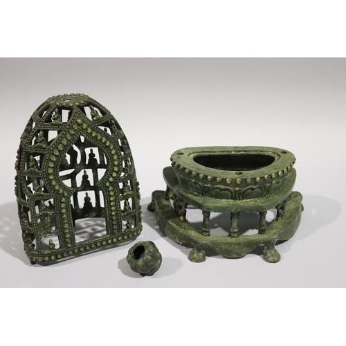 187 - Old bronze two piece Buddhist Shrine/light. of cage form, approx 36cm H x 26cm W x 16cm D
