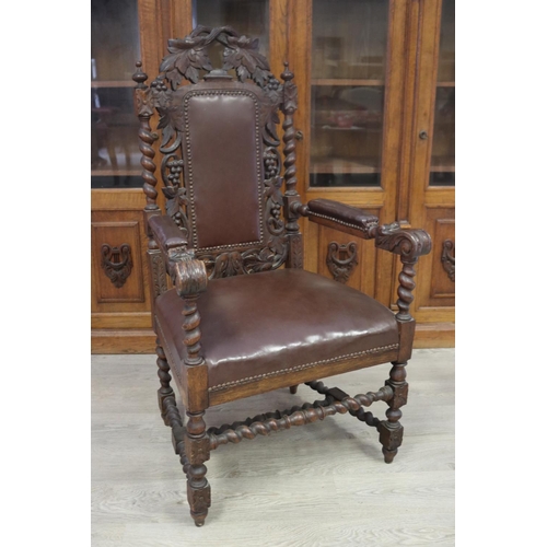 23 - Large antique Victorian carved oak Jacobean revival armchair, approx 132cm H x 72cm W