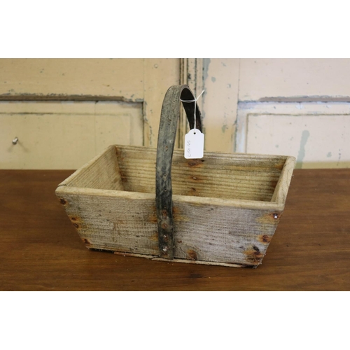 13 - Small French wooden harvest basket with mesh base, approx 22cm H including handle x 29cm W x 21cm D