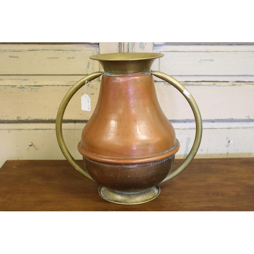 9 - French copper & brass twin handled vase, approx 40cm H x 37cm Dia