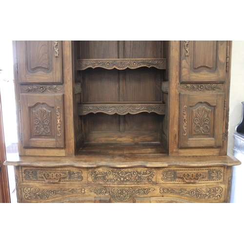 31 - French carved oak two height buffet, well carved low relief decoration, approx 236cm H x 150cm W x 5... 