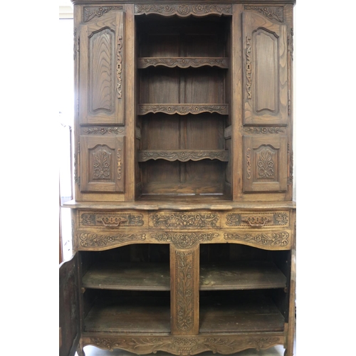31 - French carved oak two height buffet, well carved low relief decoration, approx 236cm H x 150cm W x 5... 