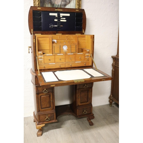 69 - Hordern family secretaire cabinet. Antique figured walnut twin pedestal secretaire cabinet, with wel... 
