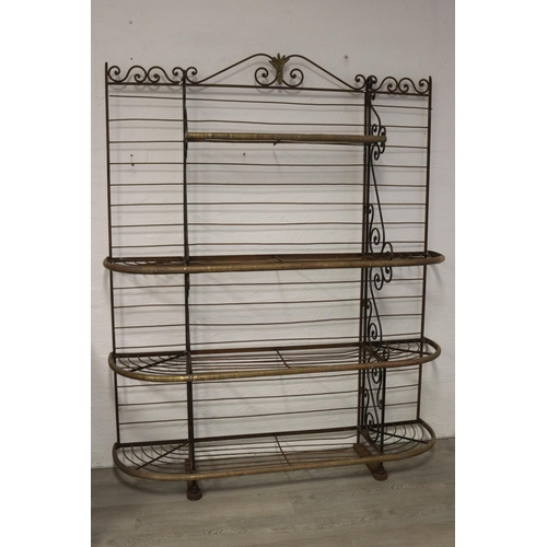 1 - French wrought iron multi shelf bakers rack, with brass trim, approx 205cm H x 165cm L x 39.5cm W