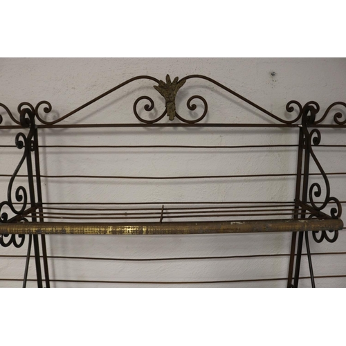 1 - French wrought iron multi shelf bakers rack, with brass trim, approx 205cm H x 165cm L x 39.5cm W