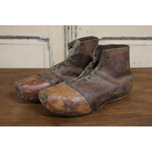 12 - Pair of antique French wooden and leather clogs (2)