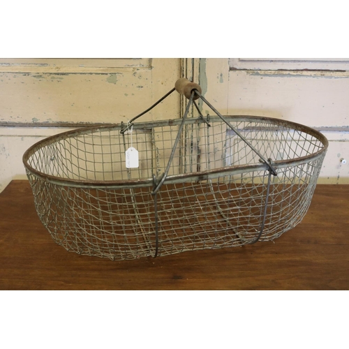 14 - Large French wirework flower pickers / harvest basket with wooden handle, approx 30cm H including ha... 