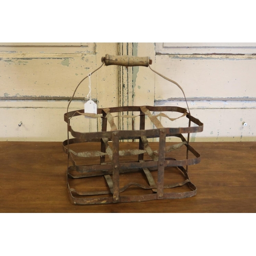 3 - Antique rustic French six slot bottle carrier with wooden handle, approx 31cm H including handle x 3... 