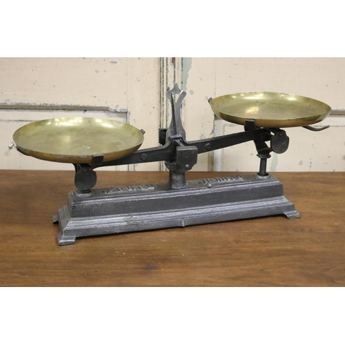 49 - Set of antique French Force weighing scales, with brass pans, approx 34cm H x 53cm W