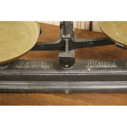 49 - Set of antique French Force weighing scales, with brass pans, approx 34cm H x 53cm W