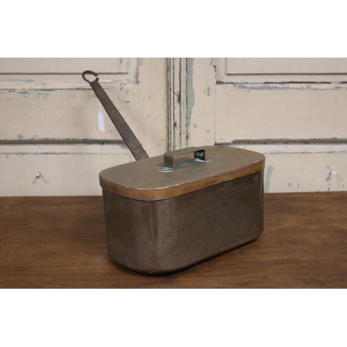5 - Antique French copper lidded pan with iron handle, approx 17cm H ex handle x 32cm W x 19cm D