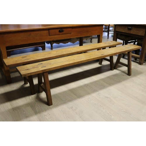 16 - Pair of antique French beech trestle end benches, each approx 45cm H x 200cm W (2)