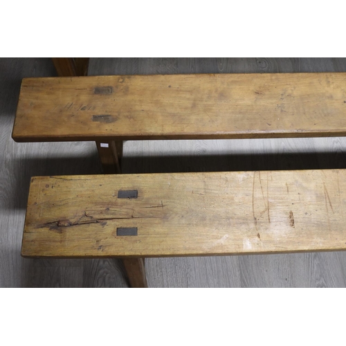 16 - Pair of antique French beech trestle end benches, each approx 45cm H x 200cm W (2)
