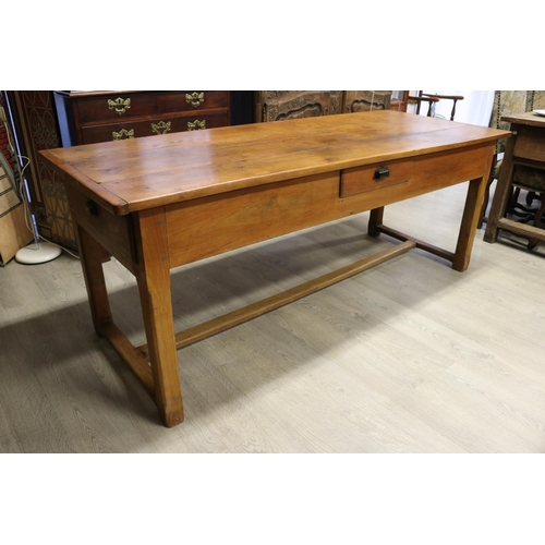 17 - Antique French fruitwood rustic farmhouse table, drawers to each end & centre, standing on stretcher... 
