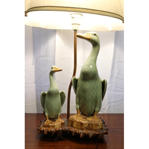 27 - Chinese celadon glazed pottery Mandarin duck, as a lamp, in working order at time of inspection, app... 
