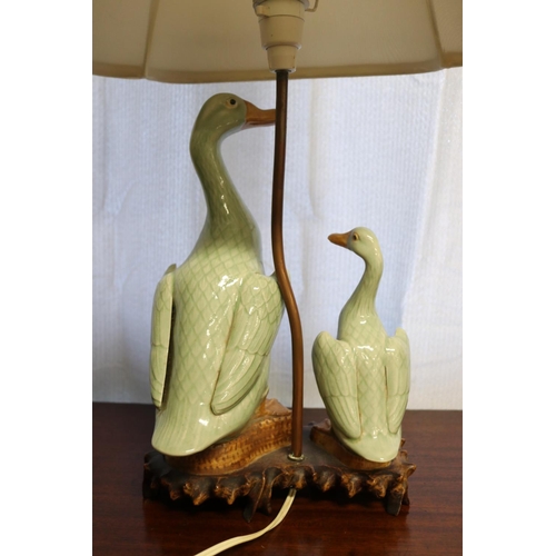 27 - Chinese celadon glazed pottery Mandarin duck, as a lamp, in working order at time of inspection, app... 