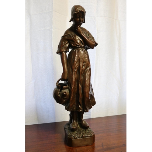 28 - Antique French copper coated statue of a female holding a broken urn, meaning 