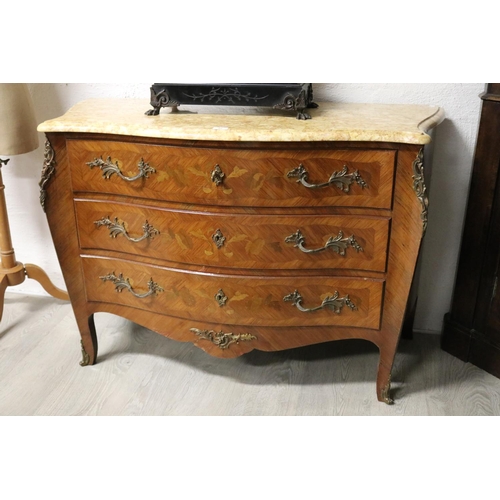 62 - French Louis XV style marble topped commode, three drawers, floral marquetry decoration, approx 82cm... 