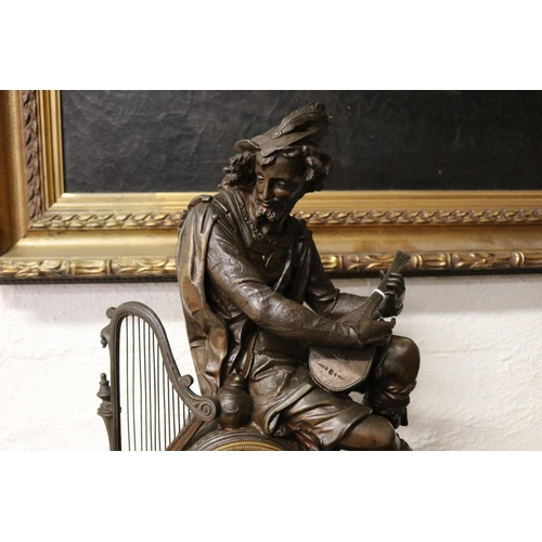 63 - Antique French figural bronzed spelter mantle clock, has pendulum in office (C150.165) but No key, u... 