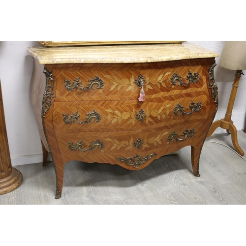 78 - Vintage French Louis XV style marble topped marquetry commode, approx 88cm H x 120cm W x 50cm D