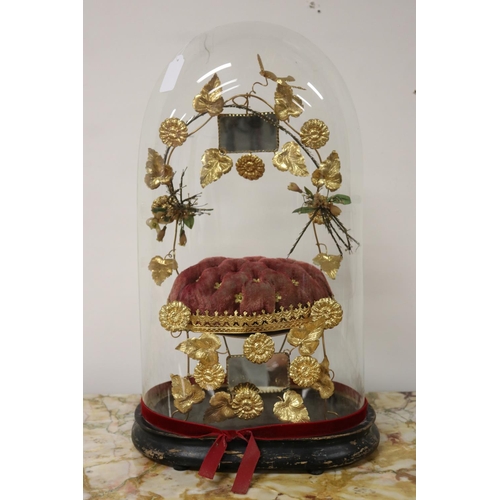 80 - Antique French marriage dome, with red velvet cushion & gilt decorated mirrors, on ebonized wooden b... 