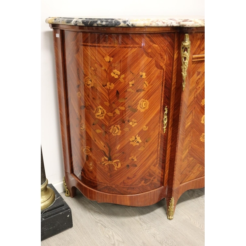 83 - Impressive marble topped French Louis XV style floral marquetry enfilade buffet, approx 102cm H x 22... 