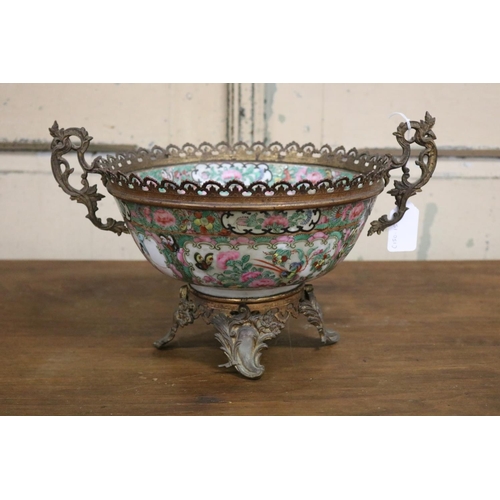 35 - Antique Chinese Famille rose bowl with later French mounts, approx 20cm H x 33cm W (AF)