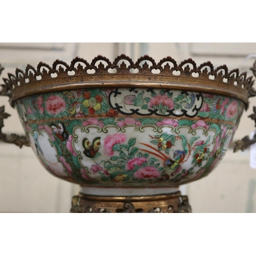 35 - Antique Chinese Famille rose bowl with later French mounts, approx 20cm H x 33cm W (AF)