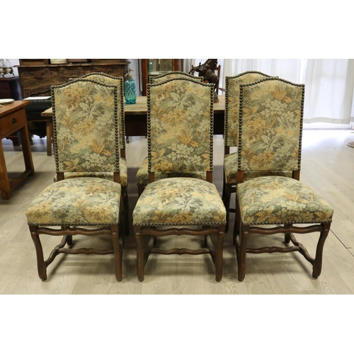 42 - Set of six French high back studded upholstery dining chairs, with mutton frames, each approx 107cm ... 