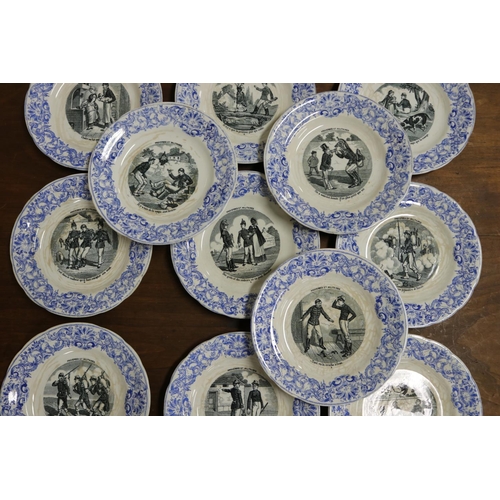 44 - Set of twelve antique French, Proverbes Et Militaires,  Gien series plates with ornated blue boarder... 