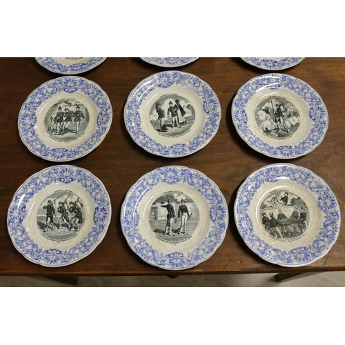 44 - Set of twelve antique French, Proverbes Et Militaires,  Gien series plates with ornated blue boarder... 