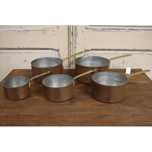 52 - Set of five French copper saucepans, brass handles,  impressed Jean Matillon made in France,  approx... 
