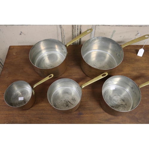 52 - Set of five French copper saucepans, brass handles,  impressed Jean Matillon made in France,  approx... 