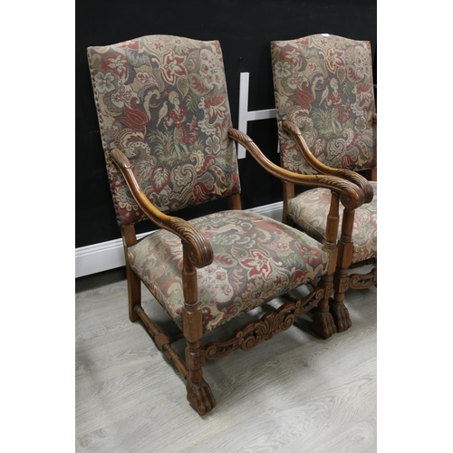 71 - Pair of antique French Louis XIII baroque armchairs, with needlework upholstery, each approx 110cm H... 