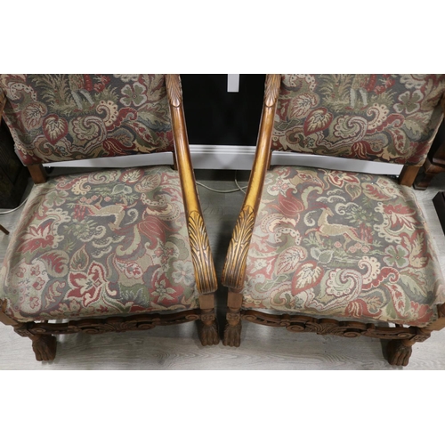 71 - Pair of antique French Louis XIII baroque armchairs, with needlework upholstery, each approx 110cm H... 