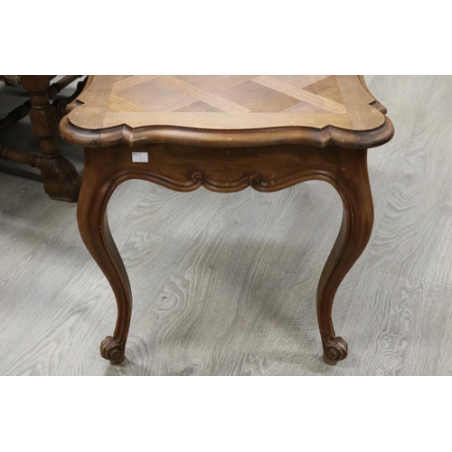 74 - French parquetry top coffee table, approx 51cm H x 90cm W x 50cm D