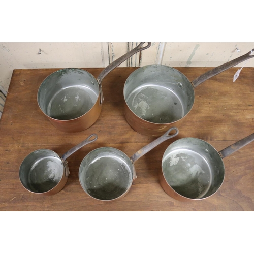 75 - Set of five French copper saucepans with iron handles, approx 20cm Dia and smaller (5)